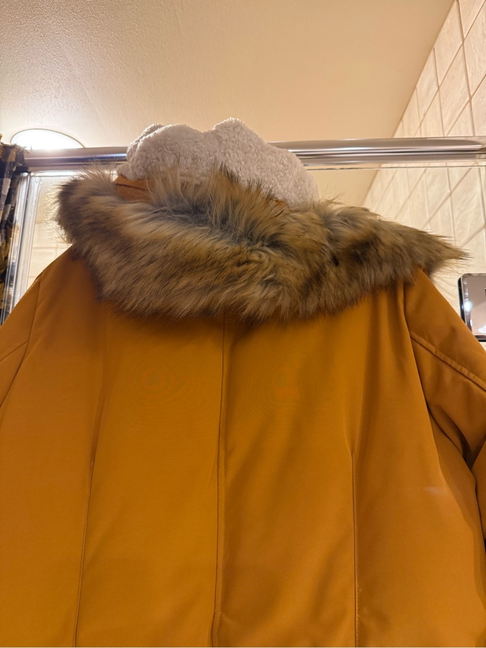 Sam Edelman Mustard Hooded Faux-Fur Trim Puffer Coat with Matching Plaid Scarf - Picture 10 of 15